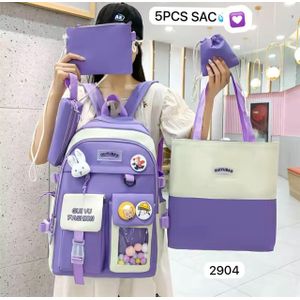 Sac à dos scolaire filles - 5PCs : 2 trousses à crayons, sac à main, porte-monnaie
