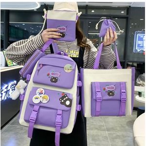 Sac à dos scolaire filles - 5PCs : 2 trousses à crayons, sac à main, porte-monnaie