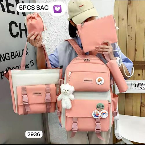 Sac à dos scolaire filles - 5PCs : 2 trousses à crayons, sac à main, porte-monnaie
