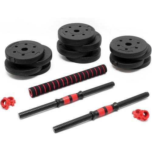 Kit d’haltères Courts Longs 15kg, Set 2en1 avec 8 Plaques de poids, Avec barre extension